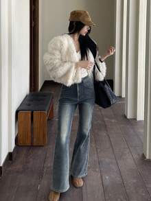 DAZY 女士喇叭形保暖内衬牛仔裤，秋冬季 Y2K 款式 - 藍色 - 查看 6