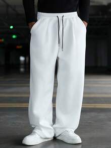 Manfinity EMRG Men's Loose Drawstring Waist Pockets Casual Wide Leg Sweatpants White Baggy Pants White Sweat Pants Men White Joggers Men Pro Club Sweat Pants Men Street Wear Pants - White - View 5