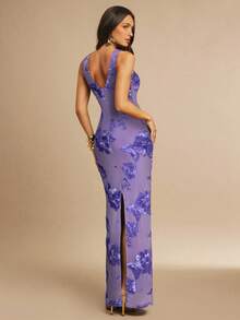 Silquee Váy ôm sát họa tiết hoa thanh lịch, tối giản, gợi cảm dành cho nữ, mùa hè - Màu tím hoa cà - Xem 2