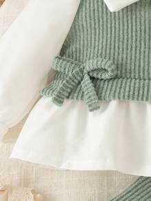 SHEIN Bộ 2 món/Bộ trang phục thường ngày cho bé gái sơ sinh, áo dài tay cổ bẻ phối màu và quần len rộng rãi - màu xanh lá - Xem 8
