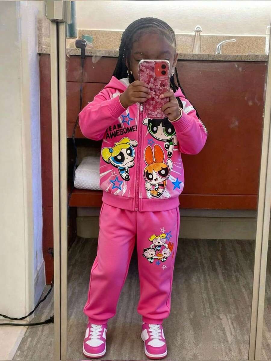 THE POWERPUFF GIRLS X SHEIN 小女孩卡通花朵、泡泡、毛茛图案连帽衫和运动裤套装，秋冬季 - 粉色 - 查看 1