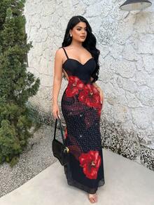 SHEIN SXY 性感印花露背无袖夏季吊带连衣裙 - 彩色 - 查看 4