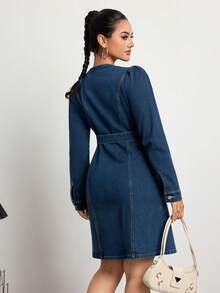 Elenzga Váy denim tay dài thắt eo màu trơn có túi - Rửa tối - Xem 2