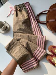 Comfortcana 女士棕色侧条纹松紧腰休闲宽松运动裤 - 彩色 - 查看 4