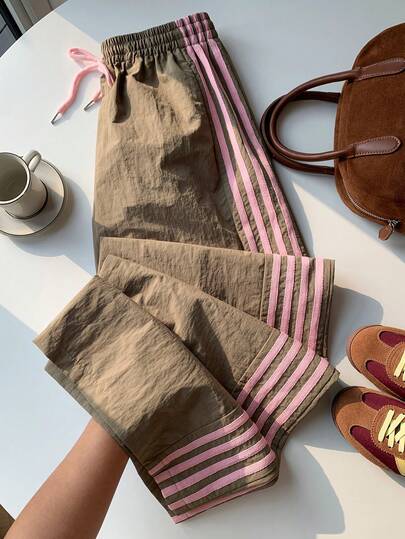 Comfortcana Pantalon de survêtement décontracté ample avec taille élastique et bandes latérales marron pour femmes