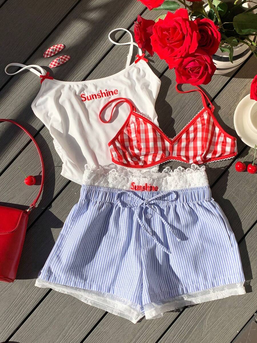 Comfortcana Women's Letter Print Camisole, Plaid Bra, And Striped Shorts Casual Outfit Set Gingham Set Summer Clothes Set - Multicolor - View 1