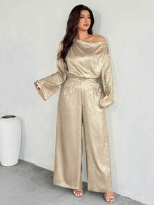 Firerie Damen Große Größen Set aus asymmetrischer Schulter Loose Metallic Weite Ärmel Bluse und Elastischer Taille Weite Bein Hose, geeignet für Dates, Partys, Pendeln, Konzerte, Abschlussfeier, Lehreroutfit, formelle Anlässe - Gold - Übersicht 6