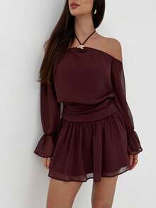 Aloruh Váy ngắn hở vai màu trơn gợi cảm thời trang dành cho nữ - Màu Khaki - Xem 7