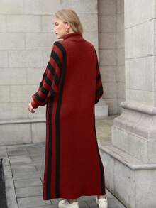 Juhart 大码女式纯色针织连衣裙，条纹袖口高领毛衣裙，适合圣诞节、万圣节、返校季、办公、度假等场合。 - 紅色 - 查看 2