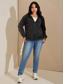 SHEIN Tall CURVE 大码女式开襟拉链水洗面料长袖卫衣，百搭黑色休闲套头衫，带口袋，适合秋冬季穿着。 - 黑色 - 查看 7