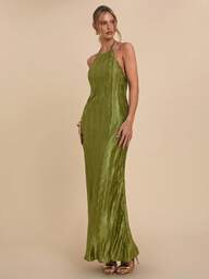 COSMINA Women's Fashionable Sexy Backless Spaghetti Strap Dress, Spaghetti Strap Tie Up Long Dress, Valentine's Day Dress, Wedding Guest Dress, Vacation Dress, Pleated Unique Fabric, Green Dress, Backless Design, Elegant Green Women Dress