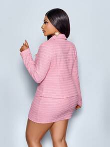 SOLERSUN Plus Size Women's Blush Pink Autumn Elegant Formal Office Two Pieces Set,Long Sleeve Irregular Hem Suit Jacket&Mini Bodycon Skirt Texture Jacquard - Pink - View 3