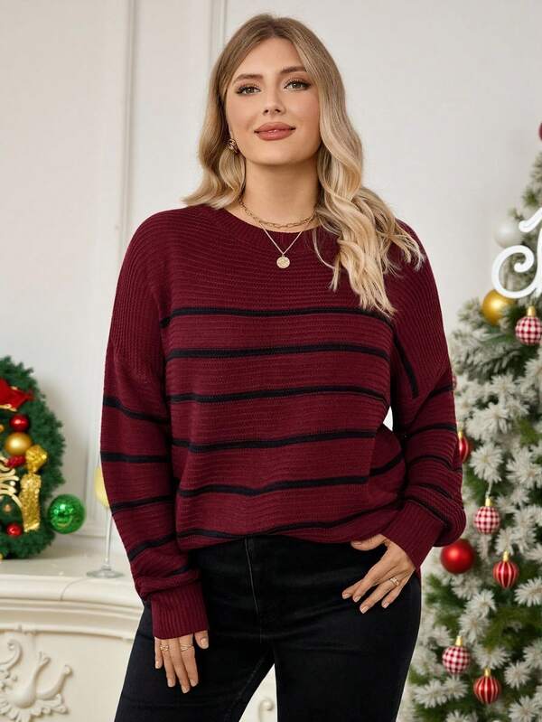 Rosumi Plus Size Loose Fit Plus Size Faux Cashmere Pullover Sweater With Contrast Color Stripes In Fall/Winter