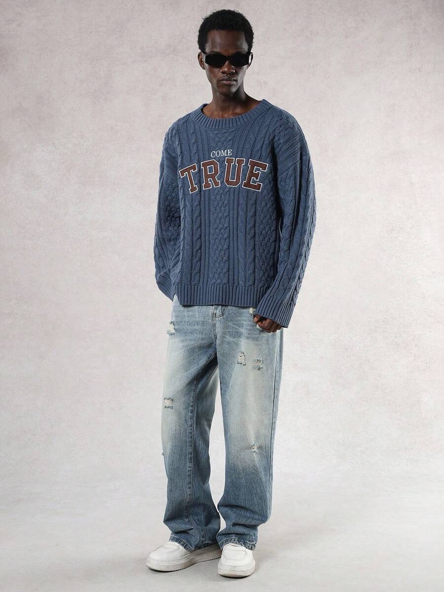DAZY Men's Letter Embroidery Design Blue Striped Cable Knit Sweater, Autumn/Winter - Blue - View 1