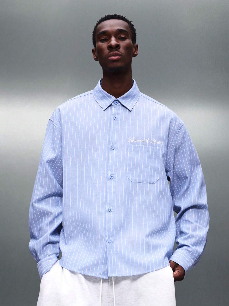 PLAYBOY X SUMWON Mens Regular Fit Long Sleeve Button Down Dress Shirt With Vertical Pinstripes Collared Office Business Professional Formal Casual