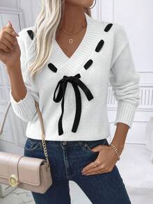 EMERY ROSE 女士休闲系带落肩毛衣，秋冬款 - 白色 - 查看 3