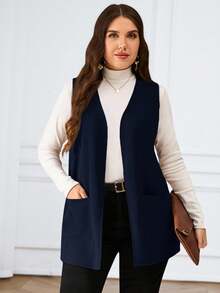 Miaspire Plus Size Solid Color Sleeveless Loose Pocket Simple Casual Jacket,Spring/Summer,Summer Clothes,Vacation Outfits Woman / Vacation In Fall/Winter - Navy Blue - View 1