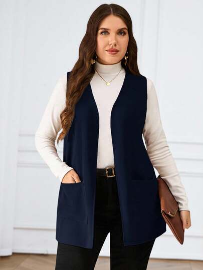 Miaspire Plus Size Solid Color Sleeveless Loose Pocket Simple Casual Jacket,Spring/Summer,Summer Clothes,Vacation Outfits Woman / Vacation In Fall/Winter