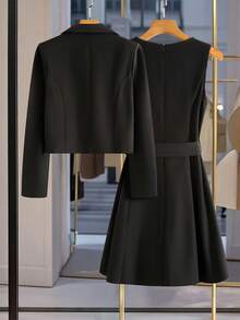 Modelyn 女式简约通勤中式立领西装外套和西装套装，秋季 - 黑色 - 查看 2