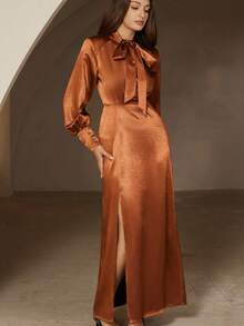 Chiquease Rust Brown Autumn Elegant Wedding Guest Women Satin-Feel Padded Shoulder Deep V-Neck Cinched Waist Slit Hem Metal Buckle Long Sleeve Maxi Shirt Dress - Brown - View 3