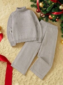 Sparklyn 少女斑点针织毛衣和直筒裤两件套，宽松高领，适合秋冬季、休闲外出和节日聚会。 - 卡其色 - 查看 5