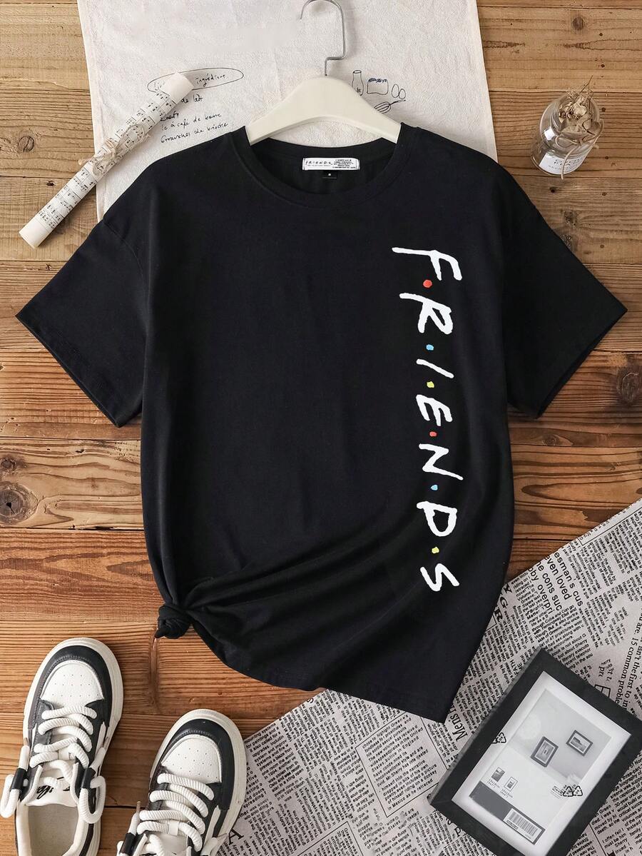 FRIENDS X SHEIN Áo thun nữ cổ tròn tay ngắn dáng rộng thoải mái, thích hợp cho mùa hè, áo thun họa tiết - màu đen - Xem 1