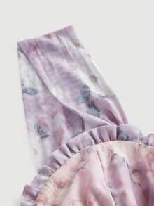 SHEIN MOD 女士印花褶裥不对称开衩连衣裙，女士粉彩色连衣裙 - 粉色 - 查看 4