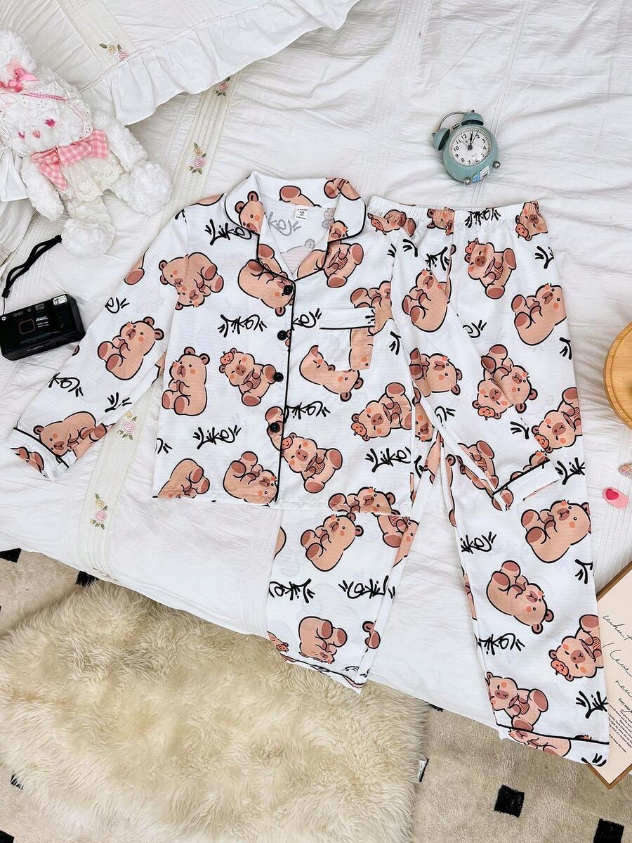 SHEIN Mädchen Bubble Crinkle süßer Pyjama Set mit bedrucktem Muster, Langarm-Oberteil und Hose - Verschiedenfarbig - Übersicht 1