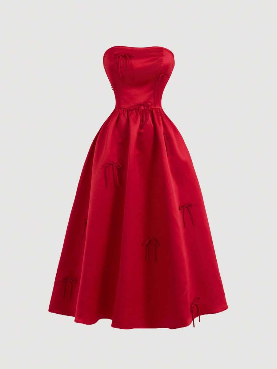 SHEIN MOD Váy midi không dây thắt nơ cho nữ màu đỏ, Đầm trang trọng, Đầm dạ hội, Đầm đỏ, Đầm, Đầm phù dâu, Đầm - Đỏ - Xem 1