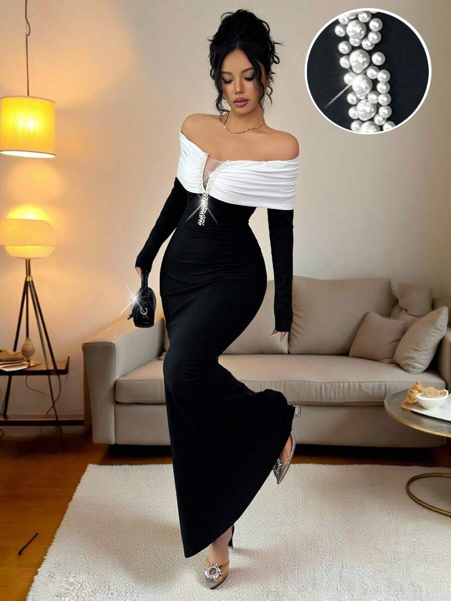 SHEIN Elenzya 女士优雅黑色露肩珍珠装饰连衣裙,适合日常穿着、婚礼、晚宴、通勤、毕业典礼、节日、约会、派对、万圣节、圣诞节、新年、感恩节等场合。 - 黑色 - 查看 1