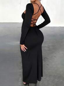 INAWLY Fitted Sexy Square Neck Backless Lace-Up Hem High Slit Long Sleeve Dress, Plus Size Fall - Black - View 2