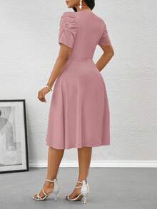 SHEIN Lady Đầm dự tiệc tay bồng màu trơn thanh lịch dành cho nữ - Hồng - Xem 2