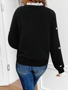 Serisse Áo len nữ thêu hình trái tim, chắp vá và tay áo raglan, áo dài tay, áo len đan cho mùa thu/đông - màu đen - Xem 2