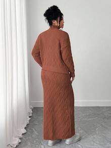 Elenzga 大码毛衣和紧身裙两件套，休闲宽松圆领套头衫 - 鏽棕色 - 查看 2