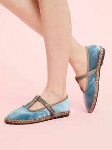 CUCCOO DOLLMOD 女士海军蓝优雅丝绒经典舒适T字带玛丽珍平底鞋 - 水藍色 - 查看 5