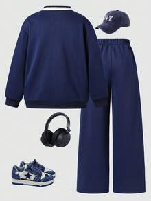 SHEIN Explorewe 少女两件套：纯色字母印花 Polo 衫 + 宽松运动裤，休闲秋冬穿搭组合 - 藏蓝色 - 查看 2