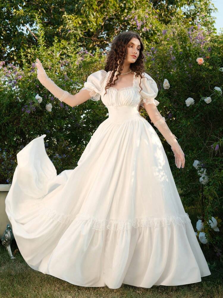 SHEIN MOD فستان ماكسي أبيض كبير الحجم من الأقمشة الدانتيل المبطن المكشكش بطراز فيكتوري، فستان حفلة، فستان سهرة، صنعة راقية - أبيض - مشاهدة 4