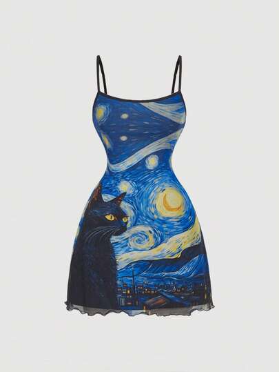 SHEIN MOD Vestido con superposición de malla con estampado de gato negro y estrella en estilo vintage, adecuado para citas, fiestas, vacaciones, fiestas de té, cumpleaños