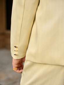 HIMLAND 男士纯色翻领双排扣长袖西装外套和长裤休闲通勤套装，婚礼 - 杏色 - 查看 4