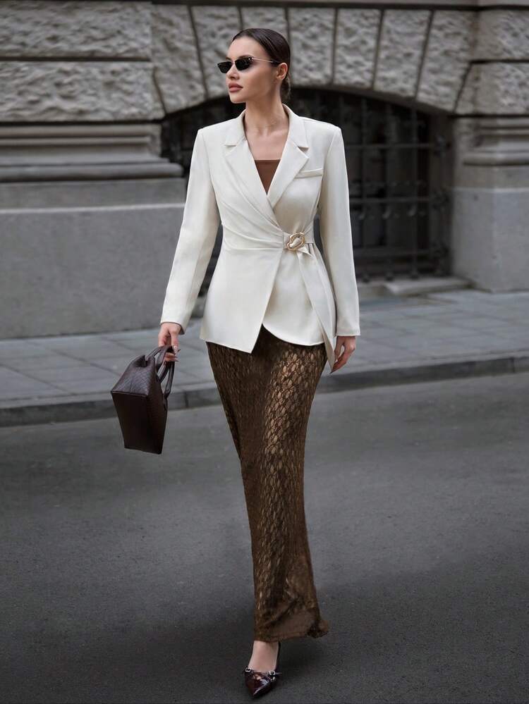 Women's Lapel Collar Long Sleeve Minimalist Coat, Office Wear, Independence Day, Teacher's, Holiday Attire, Christmas, Valentine's Day, Wedding, Holiday Attire, Casual, Elegant, Urban Chic, Fashionable Elegant Commuter Solid Color Wrap Coat, Fashionable