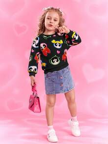 THE POWERPUFF GIRLS X SHEIN 小女孩卡通爱心花朵、泡泡、毛茛图案可爱长袖圆领卫衣