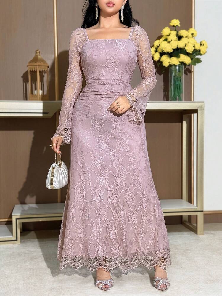 Feyla Women's Elegant Party Solid Color Lace Dress - Pink - View 6