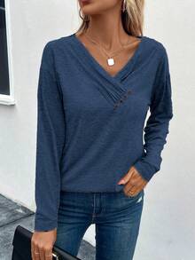 SHEIN LUNE 女士休闲纽扣装饰V领修身长袖T恤，秋季款 - 霧霾藍 - 查看 5