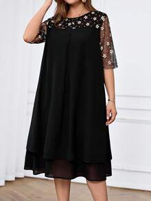 Miaspire 女式大码休闲宽松网眼拼布连衣裙 - 黑色 - 查看 6