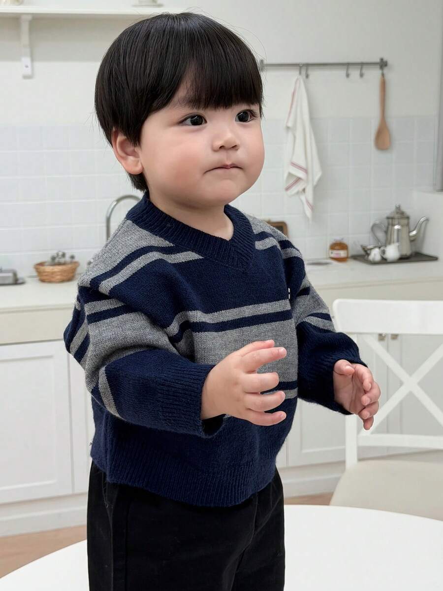 DAZY 幼儿男童V领条纹长袖毛衣,秋冬季 - 藍色 - 查看 1