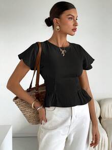 Siren Gaze Women's Solid Color Short Sleeve Shirt, Fashionable For Summer Black Casual - Black - View 4