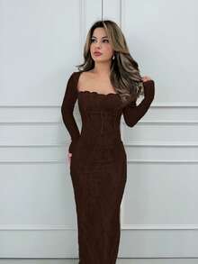 Jemour Đầm Maxi Ôm Body Cổ Vuông Ren Tay Dài Hình Chữ S Gợi Cảm Cho Nữ Thu/Đông Mới Cho Dự Tiệc, Đêm Hẹn Hò, Buổi Tối - màu nâu - Xem 6