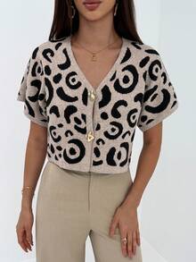 Aloruh 女士单排扣V领豹纹针织背心，秋冬季，无袖针织保暖羊毛上衣，撞色滚边，休闲日常穿着，2024秋冬，通勤，简约，办公室，复古，简约，秋冬季 - 杏色 - 查看 3