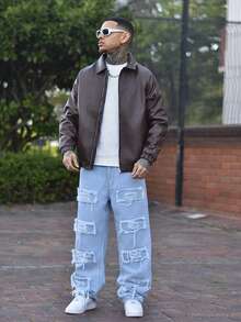 Devon Thys Jeans anchos de corte holgado y estilo retro casual para hombres, pantalones de moda callejera, estilo emo - Azul - Ver 4