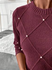 Editum Áo len nữ họa tiết kim cương mùa đông đính ngọc trai, cổ tròn, thích hợp cho kỳ nghỉ, tiệc tùng, lễ hội âm nhạc, đồ mặc nhà, sự kiện trở lại trường, làm quà tặng và mua sắm, áo len mùa thu, trang phục nữ thanh lịch, áo cơ bản - Màu Đỏ Sâu - Xem 8